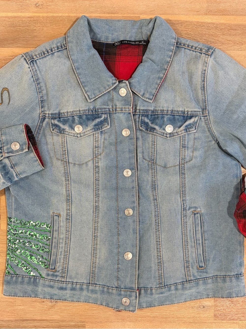 Festive Hand-Painted Light Wash Denim Jacket with Red Plaid Lining